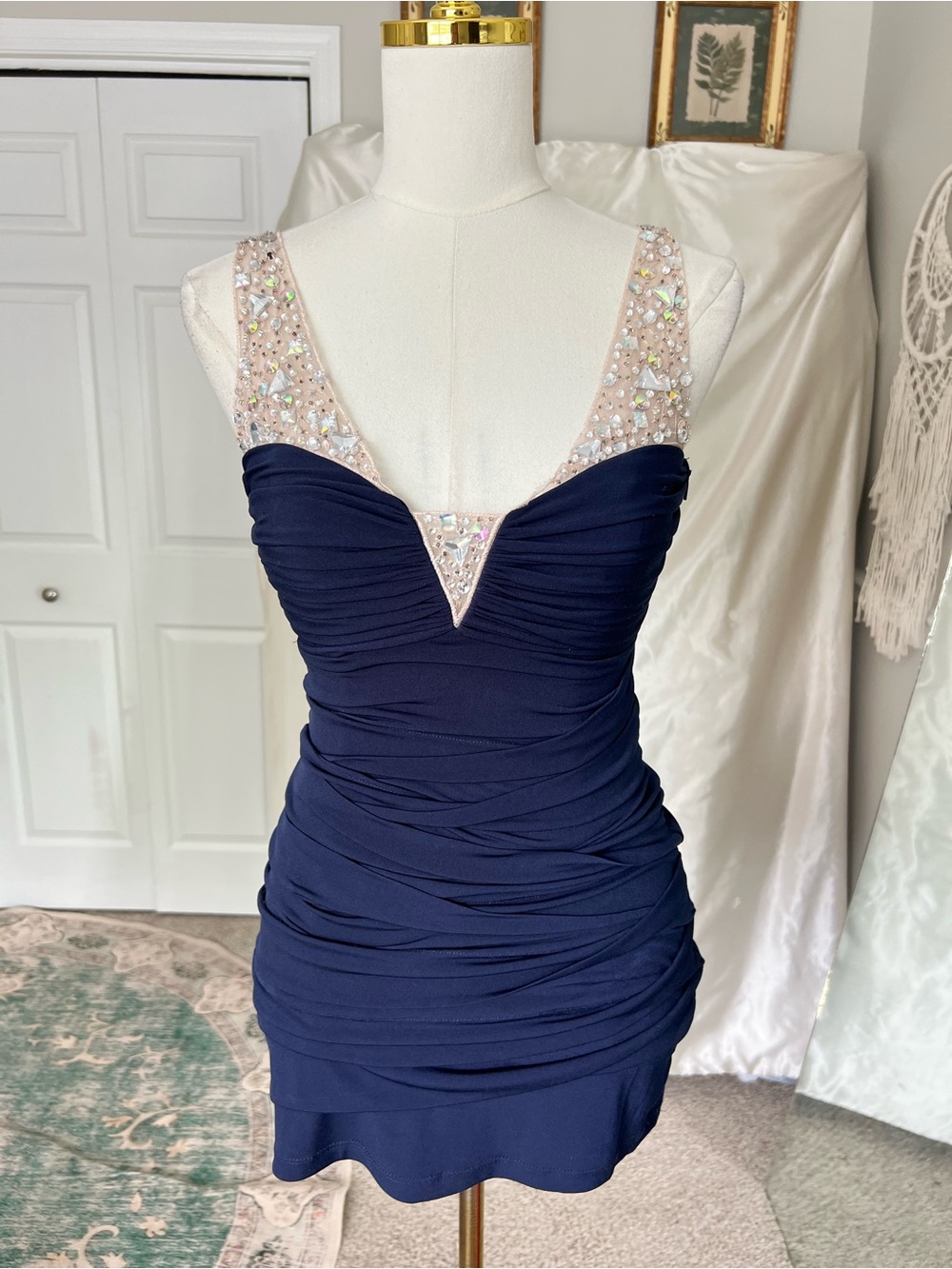 Y2K Navy Rhinestone Ruched Mini Dress - Picture 2 of 6